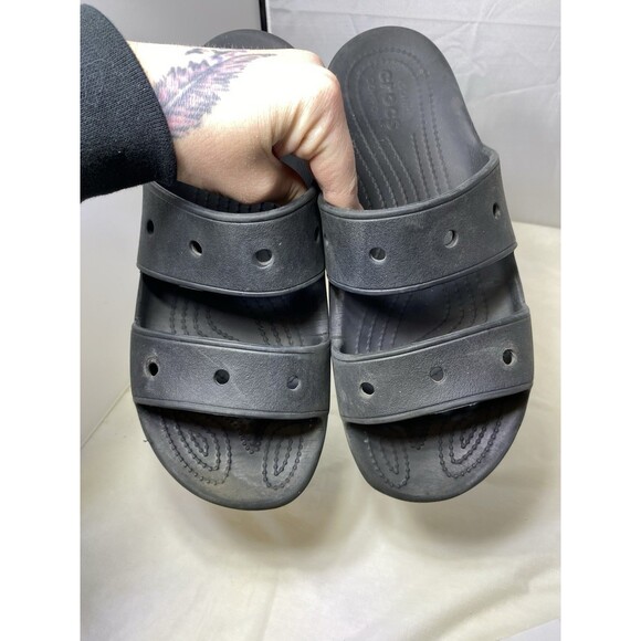 Crocs Sandals Mens Size 10 Womens 12 Black Two Strap Slide Beach Pool Shoes - Picture 3 of 8
